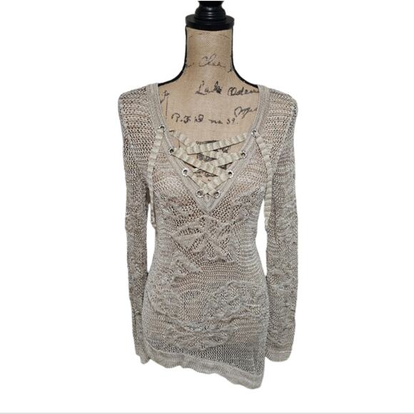 Inc Metallic Gold Thread Asymmetrical Hem Laced Front Sweater Cover Up Med - Picture 2 of 8